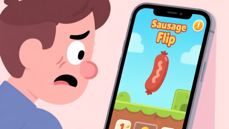 自动生成图片: A frustrated player looking at a mobile screen showing the game Sausage Flip with a stuck high score, simple cartoon style, soft pastel colors high quality illustration, detailed, 16:9