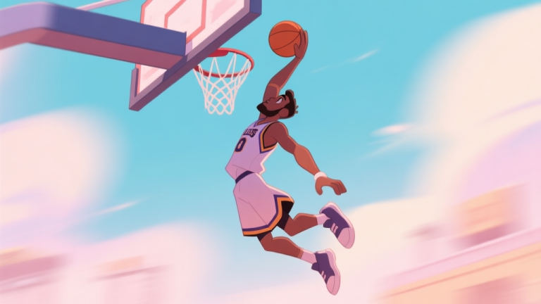 自动生成图片: Animated basketball player in mid-air performing a self-alley-oop dunk off the backboard, stylized with motion blur and soft glow, cel-shaded video game art style, pastel color palette high quality illustration, detailed, 16:9