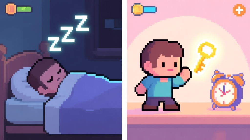 A split-screen game illustration. Left side shows a pixel-art character asleep in a bed with "ZZZ" above, screen dimmed. Right side shows the same character active, with a glowing key or alarm clock nearby, screen bright. Soft pastel color scheme. high quality illustration, detailed, 16:9