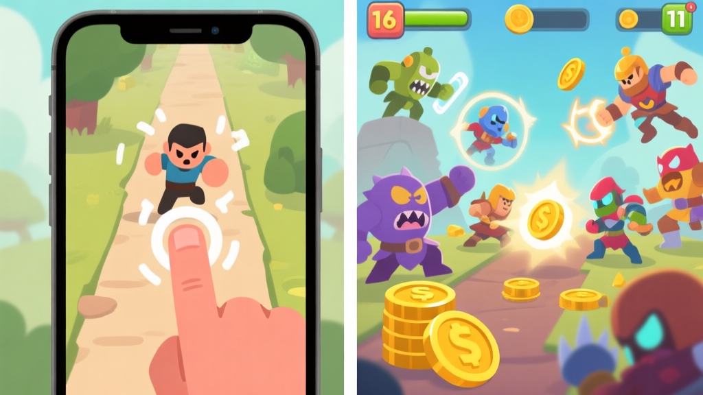 A split-screen mobile game illustration. Left side shows a frantic finger tapping a simple hero on a path. Right side shows multiple diverse heroes with automated skills fighting monsters, with gold coins accumulating passively. Soft game-like color palette. high quality illustration, detailed, 16:9