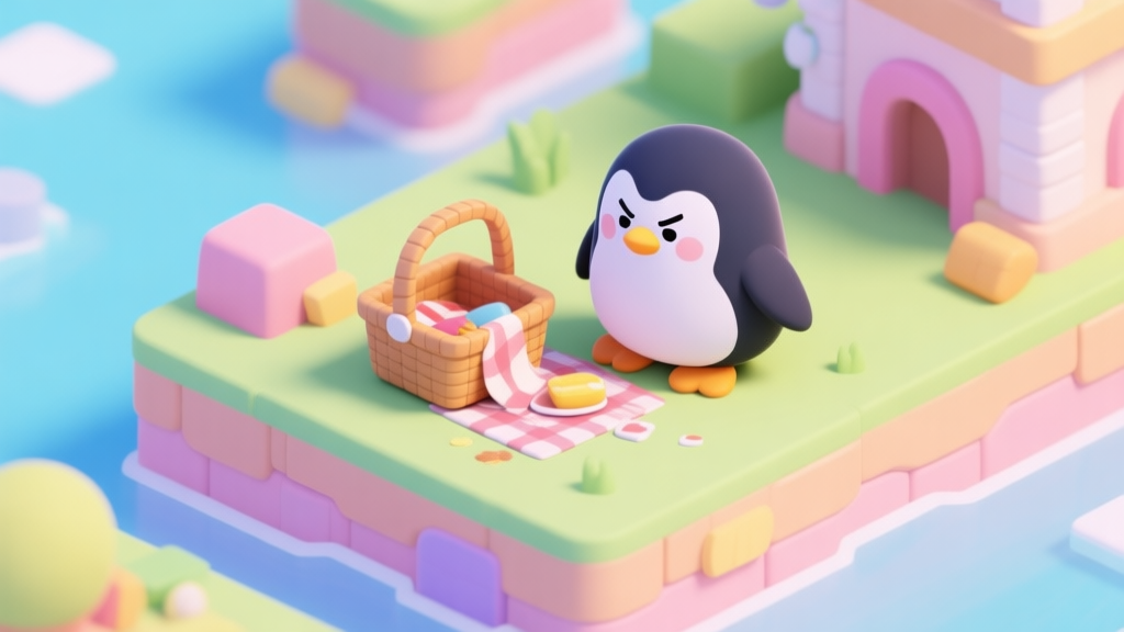 Cute cartoon penguin character looking frustrated at a spilled picnic basket in a colorful game level, soft pastel colors, isometric view high quality illustration, detailed, 16:9