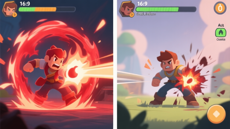 自动生成图片: Split-screen game scene showing a character successfully double dodging a fiery red AoE attack on the left, and the same character failing and taking damage on the right, with subtle stamina bar and cooldown indicators visible, soft color palette high quality illustration, detailed, 16:9
