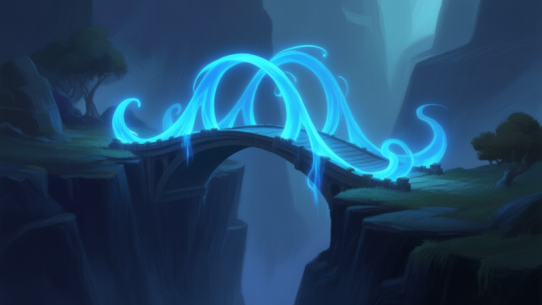 自动生成图片: A stylized, magical bridge made of glowing blue energy arcs across a dark chasm in a fantasy game scene, soft mystical lighting, painterly style high quality illustration, detailed, 16:9