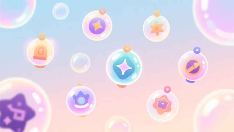 自动生成图片: A collection of various magical bubble charms floating against a soft pastel background, each with a unique icon and gentle glow, flat design style high quality illustration, detailed, 16:9