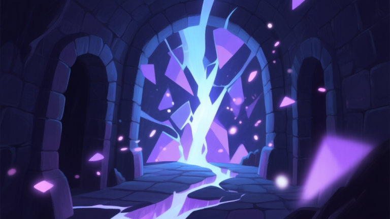 自动生成图片: A glowing, unstable rift in a dark stone dungeon corridor, with abstract geometric shapes and light particles floating out, soft purple and blue color scheme, digital painting style high quality illustration, detailed, 16:9