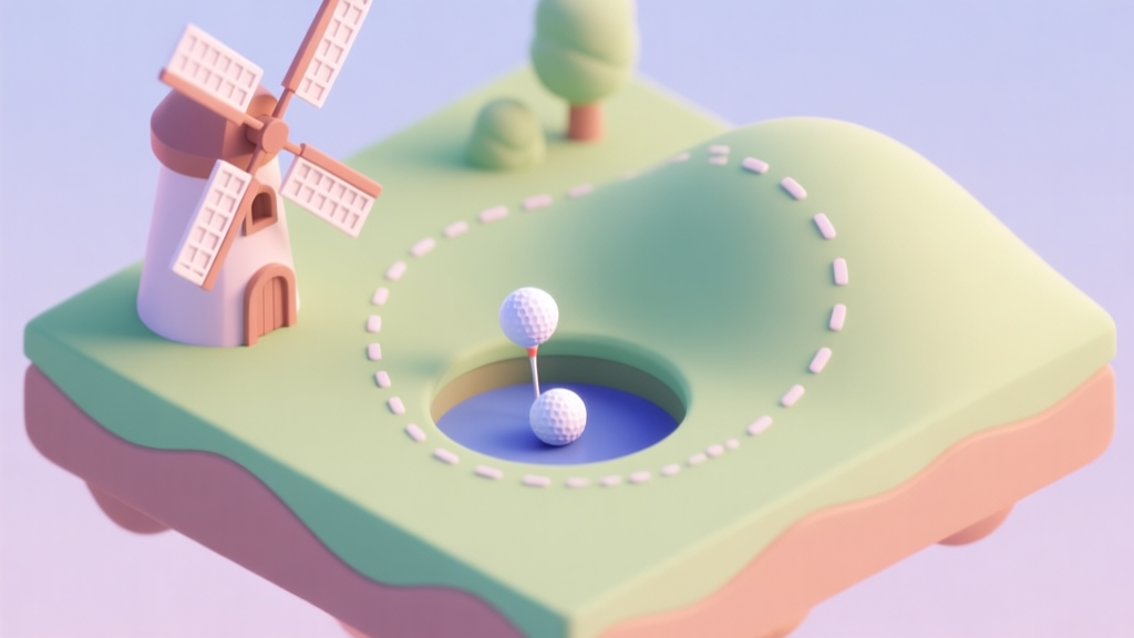 A whimsical, isometric view of a Wonderputt hole, showing a golf ball's trajectory curving around a windmill and bouncing off a soft hill, with dotted line path prediction, in a soft pastel color palette high quality illustration, detailed, 16:9