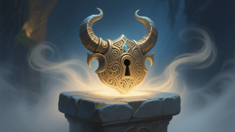 自动生成图片: A stylized, close-up view of a mysterious fantasy artifact, the Lockehorn, resting on a stone pedestal. Soft magical glow emanates from its intricate carvings, with a faint, swirling mist around it. Muted gold and deep blue color palette, painterly style high quality illustration, detailed, 16:9