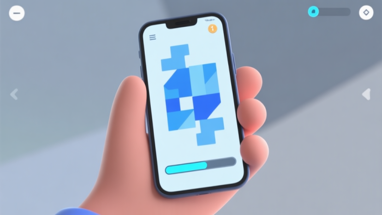 自动生成图片: A player's perspective view of a hand holding a mobile phone, screen showing abstract blue geometric puzzles and a progress bar, soft blue and grey color scheme, minimalist game UI style high quality illustration, detailed, 16:9