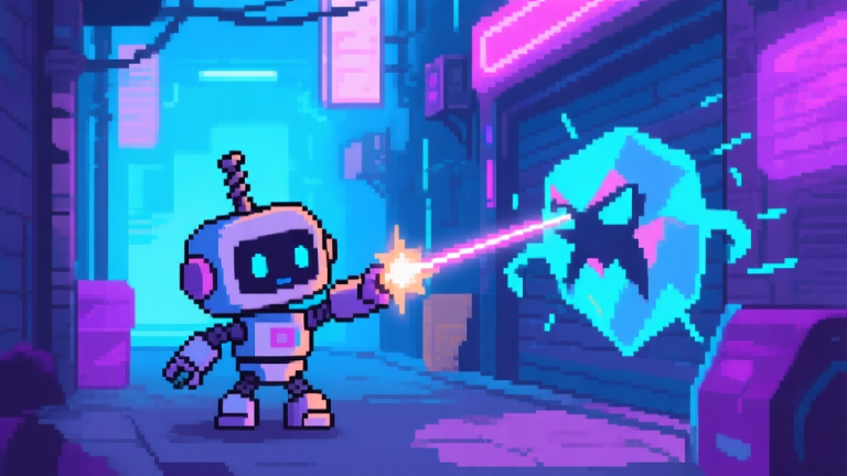 自动生成图片: A dynamic pixel art scene of a small, cute robot with a bolt-shaped head firing a laser at a glitching, geometric enemy, set against a neon-lit cyberpunk alley, soft color palette with blues and purples high quality illustration, detailed, 16:9