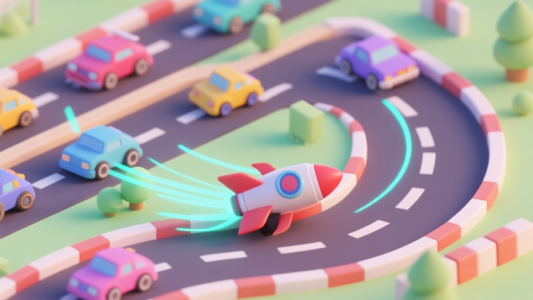 自动生成图片: A vibrant, isometric view of a Rocket Road race track with multiple colorful vehicles, one clearly in the lead taking a sharp drift turn, neon speed lines, cartoonish style, soft color palette high quality illustration, detailed, 16:9