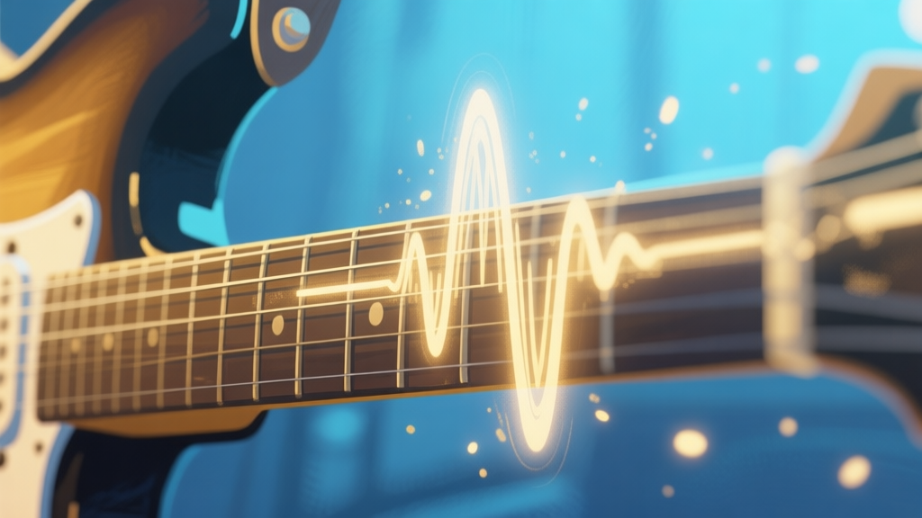 A close-up, stylized visual of a vibrating guitar string in a video game setting, with subtle sound wave particles emanating from it, soft blue and gold color palette, digital painting style high quality illustration, detailed, 16:9