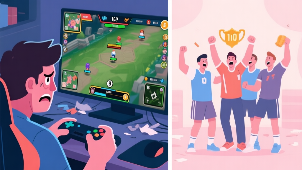 A frustrated gamer looking at a messy multiplayer match screen, contrasted with a cohesive team celebrating a win together, in a soft pastel color palette high quality illustration, detailed, 16:9