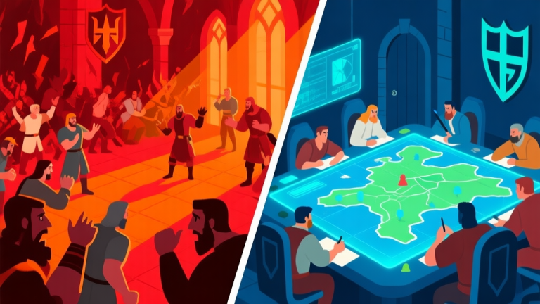 自动生成图片: A split-screen illustration showing two contrasting game scenes. Left side: a chaotic guild hall with players arguing, red and orange tones. Right side: a strategic war room with players planning around a holographic map, cool blue and green tones. Flat design style. high quality illustration, detailed, 16:9