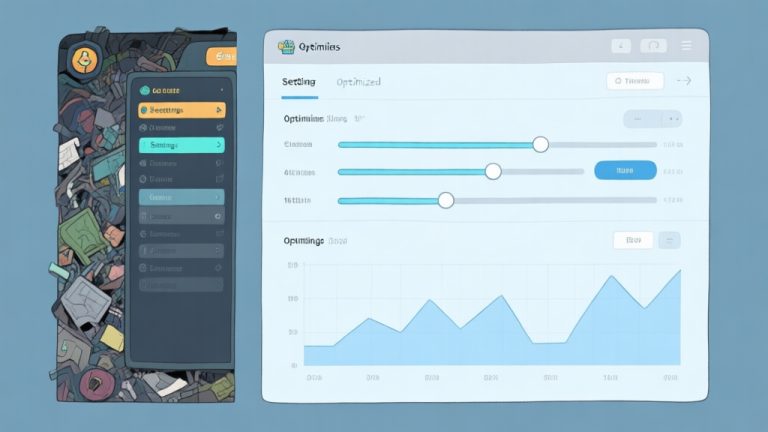 自动生成图片: A split-screen illustration showing a messy, complicated game settings menu on one side and a clean, optimized interface with clear sliders and graphs on the other, using a soft blue and grey color palette high quality illustration, detailed, 16:9