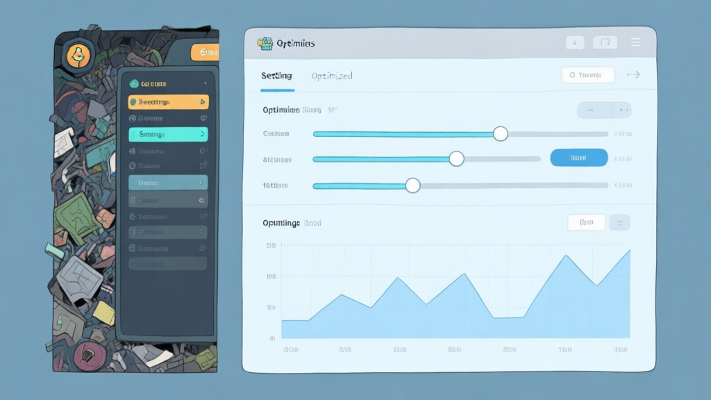 A split-screen illustration showing a messy, complicated game settings menu on one side and a clean, optimized interface with clear sliders and graphs on the other, using a soft blue and grey color palette high quality illustration, detailed, 16:9