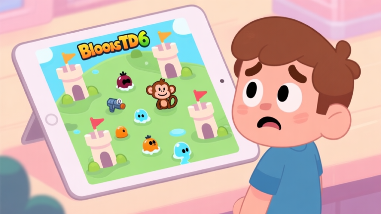 自动生成图片: A cheerful, cartoonish scene of a beginner player looking confused at a Bloons TD 6 map on a tablet, with simple towers like Dart Monkey and Tack Shooter placed randomly, and a few bloons leaking. Soft pastel colors, friendly and inviting atmosphere. high quality illustration, detailed, 16:9