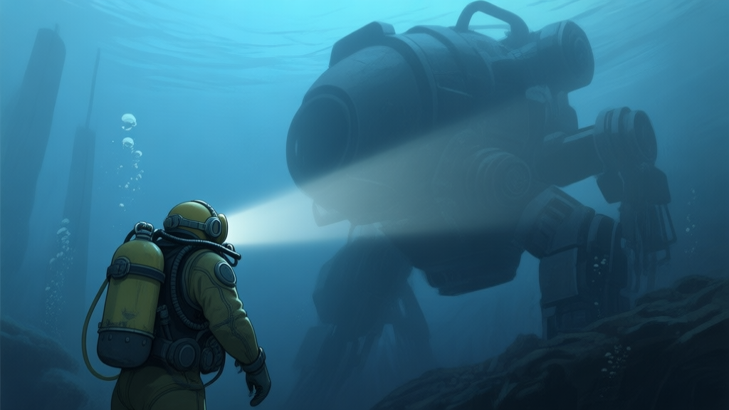 A dimly lit underwater scene with a diver in a clunky suit, facing a large, shadowy mechanical structure. Soft blues and greys dominate, with a single beam of light from the diver's helmet cutting through the murk. high quality illustration, detailed, 16:9