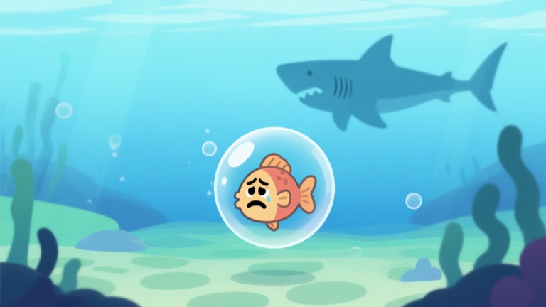 自动生成图片: A stylized, calming underwater scene for a puzzle game, showing a distressed cartoon fish trapped in a transparent bubble, with a shark silhouette in the far background, soft blues and greens, minimalist design high quality illustration, detailed, 16:9