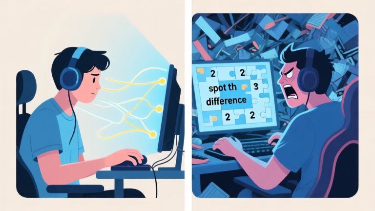 自动生成图片: A split-screen illustration showing a calm, focused gamer on one side with highlighted visual paths over a 'spot the difference' puzzle, and a frustrated gamer on the other side with a cluttered, chaotic screen. Soft blues and neutral background. high quality illustration, detailed, 16:9