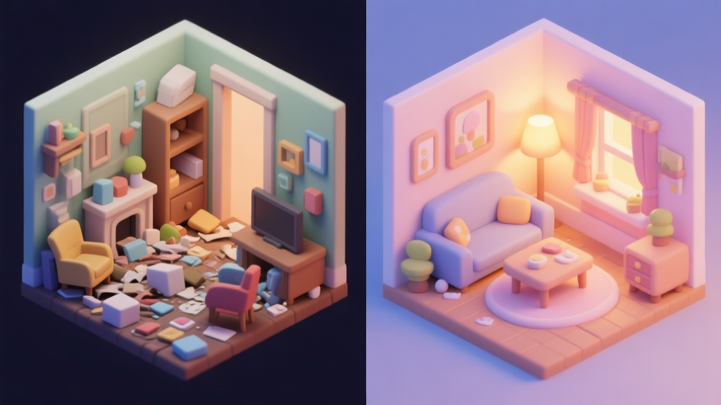 A split-screen image showing a messy, cluttered virtual room with mismatched furniture on the left, and a serene, beautifully decorated cozy virtual room with warm lighting and a cohesive color palette on the right, isometric game view, soft pastel colors high quality illustration, detailed, 16:9