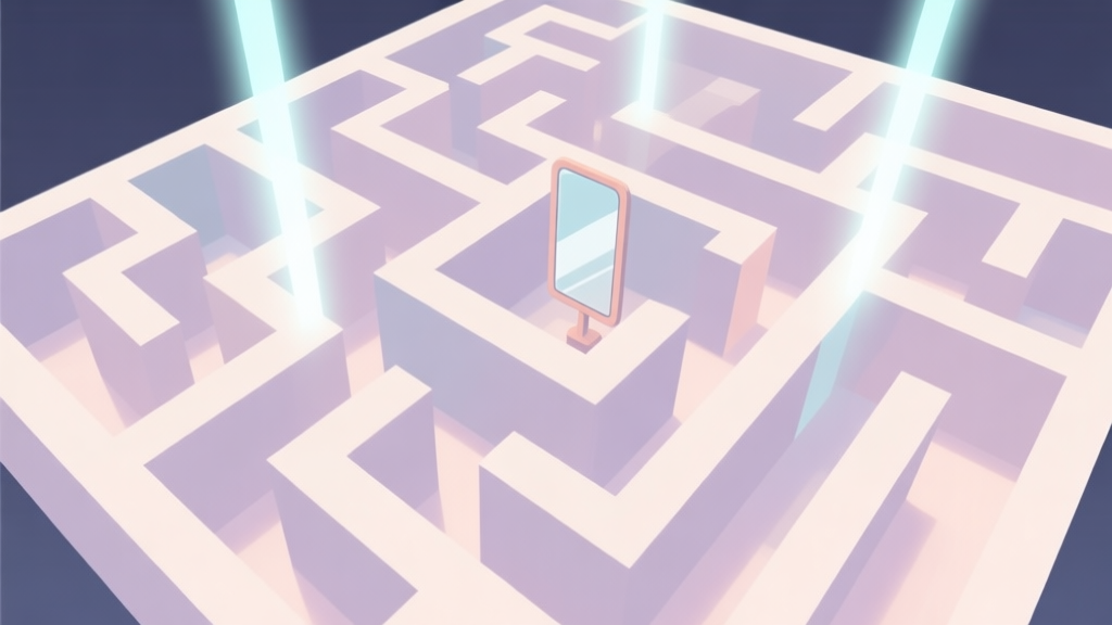 A minimalist game screenshot style showing a serene maze with light beams and mirrors, soft glow effects, pastel color palette, clean lines, top-down perspective high quality illustration, detailed, 16:9