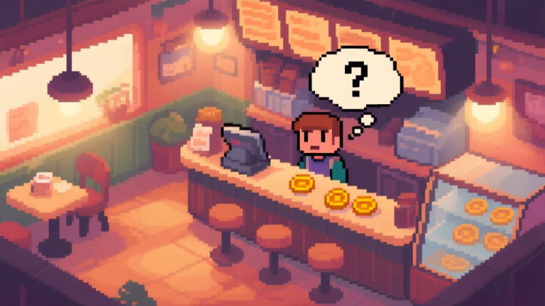 自动生成图片: A cozy, softly lit pixel art cafe interior seen from above, with a confused new player character behind the counter, a thought bubble showing a question mark and coins, in a warm and inviting color palette high quality illustration, detailed, 16:9