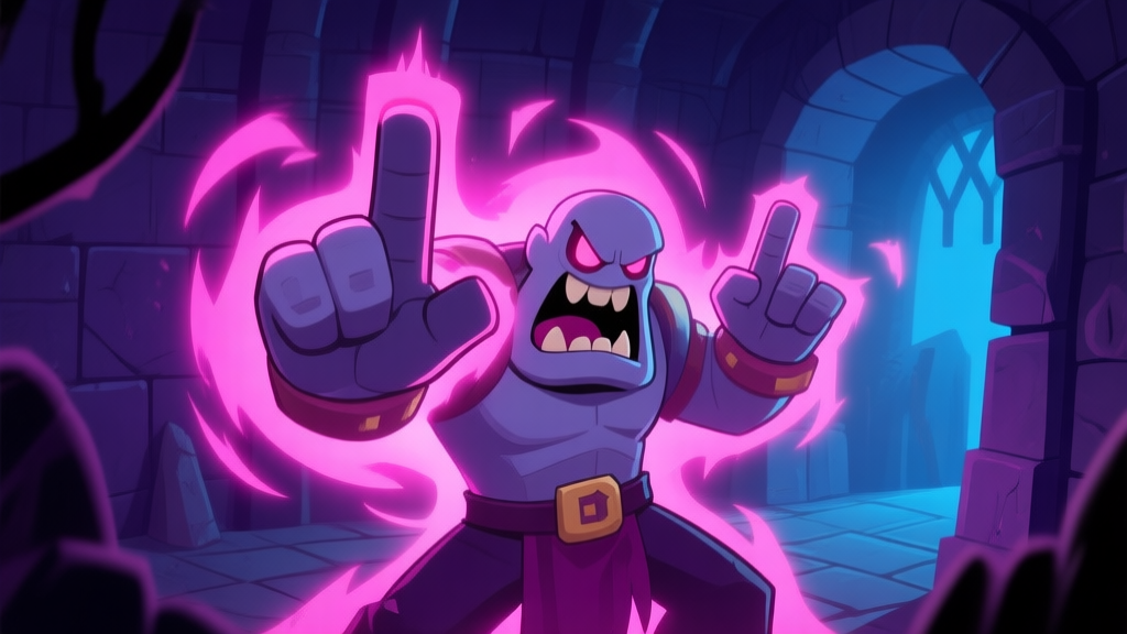 A stylized, slightly comical video game boss character in a dark dungeon, glowing with a dangerous pink aura, with exaggerated attack animations like rapid finger-snapping or clicking motions, soft purple and blue color palette high quality illustration, detailed, 16:9