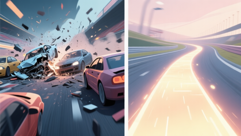 自动生成图片: Split-screen illustration showing a chaotic racing game scene on one side (cars crashing) and a smooth, successful evasion on the other, with a glowing path highlighting the escape route, using a soft color palette high quality illustration, detailed, 16:9