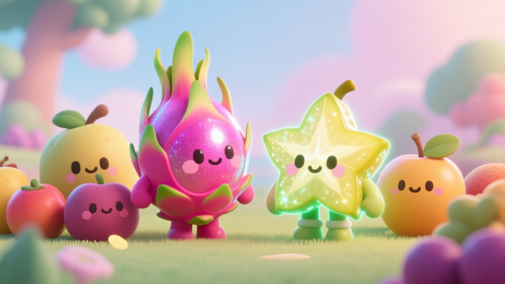 A vibrant 3D game scene showing a collection of rare, glowing fruit characters like a shimmering dragonfruit and a sparkling starfruit, standing proudly next to common fruits, in a soft pastel kawaii art style high quality illustration, detailed, 16:9