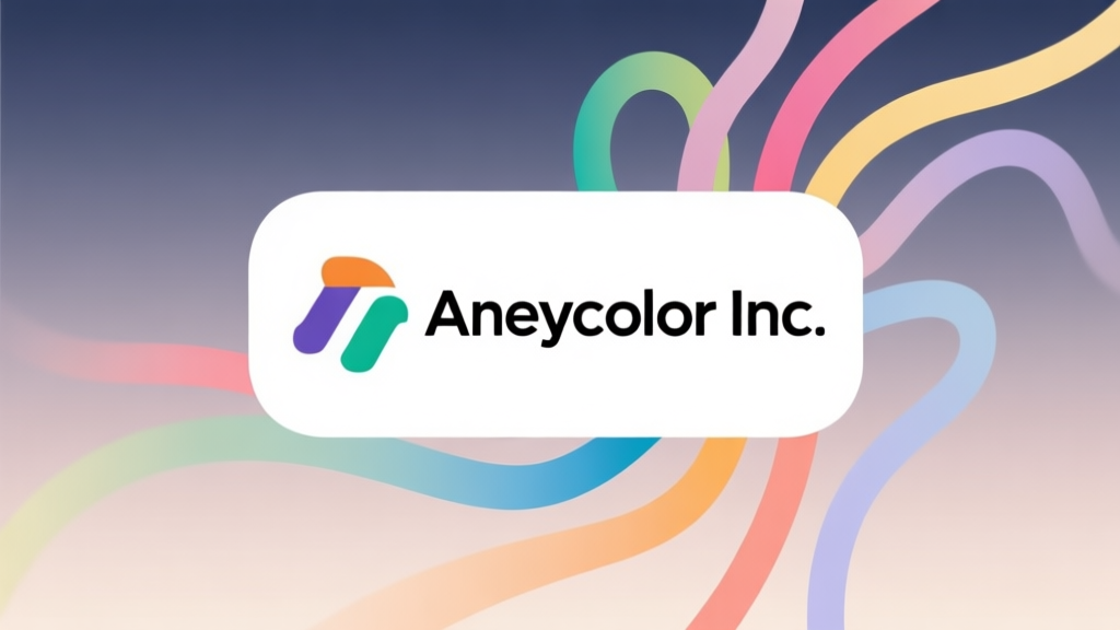 A minimalist, clean corporate logo design for "Anycolor Inc." placed on a subtle gradient background, with abstract, flowing lines of multiple soft colors emerging from it, symbolizing diversity and creativity high quality illustration, detailed, 16:9