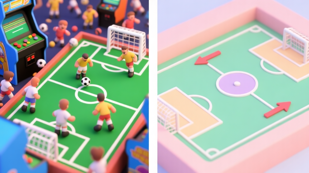 A split-screen image showing a chaotic, fun arcade soccer match on one side with exaggerated player models, and a clean, strategic overhead view with tactical arrows and zones on the other, soft pastel colors high quality illustration, detailed, 16:9