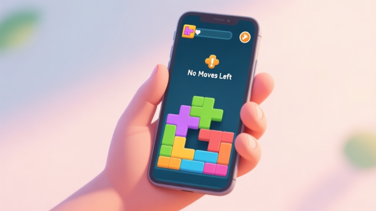 自动生成图片: A frustrated hand holding a smartphone showing a colorful connect puzzle game on a difficult level, with a "No Moves Left" message, soft natural lighting, pastel color palette high quality illustration, detailed, 16:9