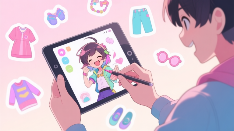 自动生成图片: A vibrant anime-style illustration showing a joyful player customizing a character on a tablet screen, surrounded by floating clothing icons and accessories, soft pastel color palette high quality illustration, detailed, 16:9