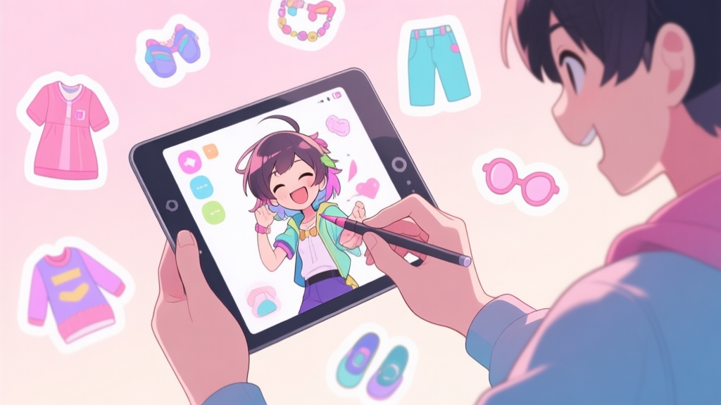 A vibrant anime-style illustration showing a joyful player customizing a character on a tablet screen, surrounded by floating clothing icons and accessories, soft pastel color palette high quality illustration, detailed, 16:9