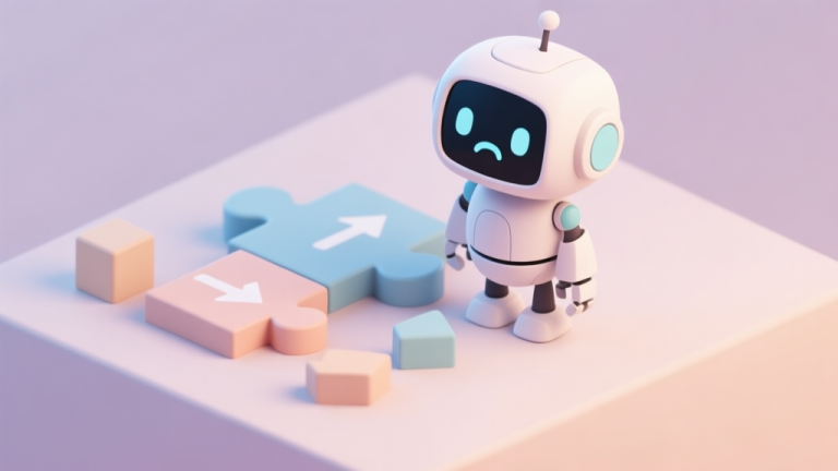 自动生成图片: A cute, minimalist robot with a puzzled expression standing in front of a simple puzzle with blocks and arrows, soft pastel color palette, isometric view high quality illustration, detailed, 16:9