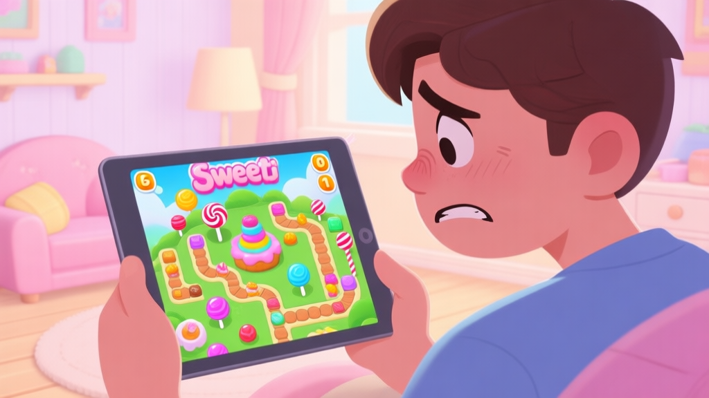A frustrated player looking at a tablet showing a colorful but complex Sweet World game level, with candies and obstacles, in a cozy room setting, soft pastel colors high quality illustration, detailed, 16:9