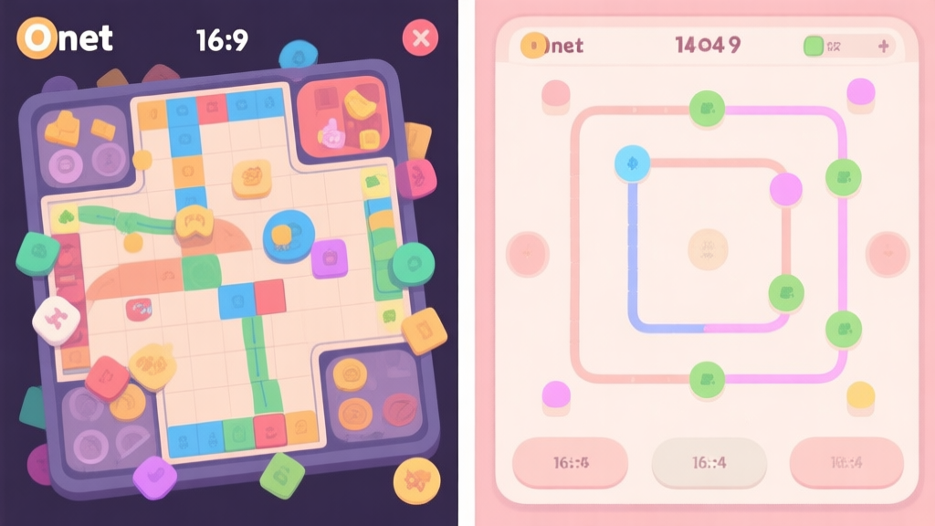Split-screen comparison of a cluttered Onet game board versus a neatly organized one, with strategic paths highlighted, soft pastel color palette, clean lines high quality illustration, detailed, 16:9