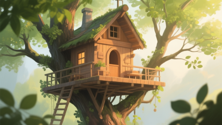 自动生成图片: A cozy, inviting tree house nestled among lush green branches, soft morning light filtering through leaves, warm wooden textures, digital painting style with soft colors high quality illustration, detailed, 16:9