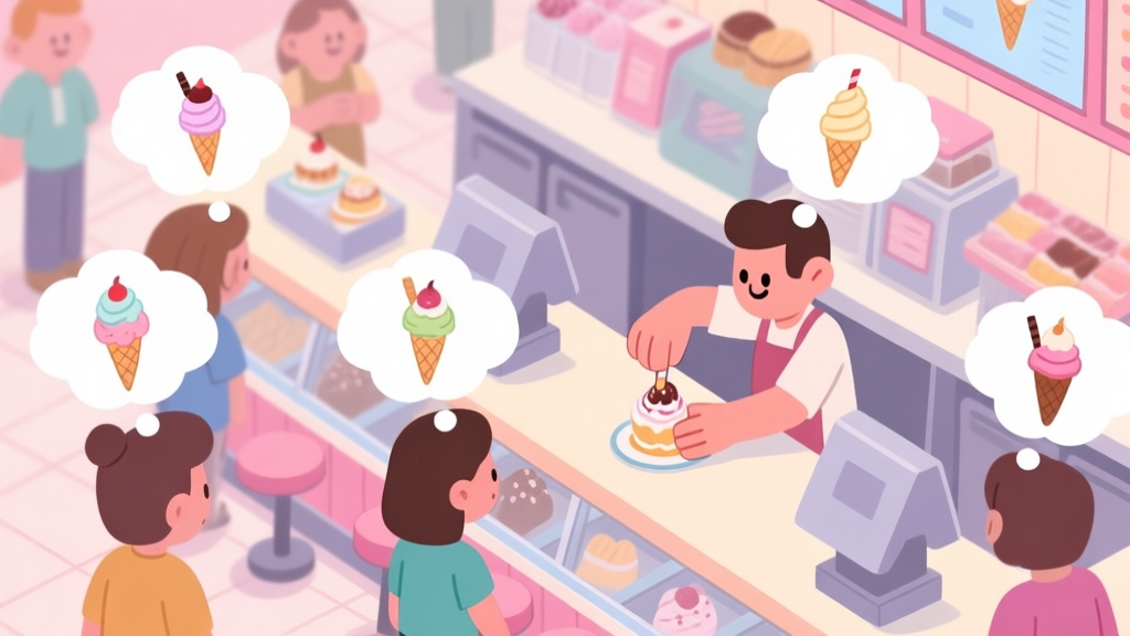 A top-down view of a bustling, cartoon-style ice cream parlor counter. Multiple customer thought bubbles with different sundae orders float above their heads, while a player's hand is seen efficiently building a dessert. Soft pastel colors dominate the scene. high quality illustration, detailed, 16:9