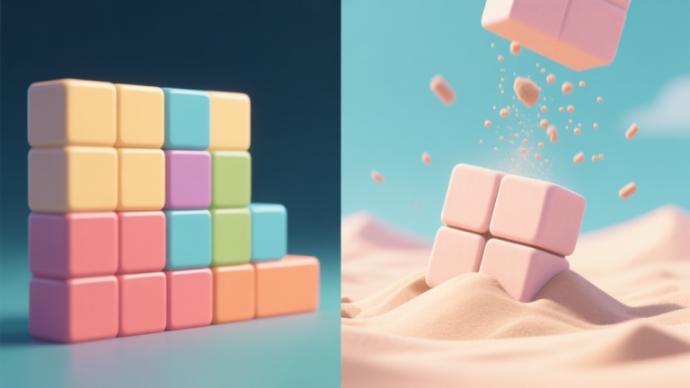 自动生成图片: A split-screen illustration showing classic Tetris blocks on the left and a sandbox physics simulation with falling sand particles on the right, blending in the middle with a Tetris block made of sand, soft pastel color palette high quality illustration, detailed, 16:9