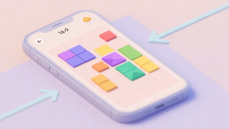 自动生成图片: A calming, minimalist game interface of a merge puzzle on a mobile device, showing colorful geometric shapes neatly arranged on a soft pastel grid, with a hint of strategic arrows in the background, soft color scheme high quality illustration, detailed, 16:9