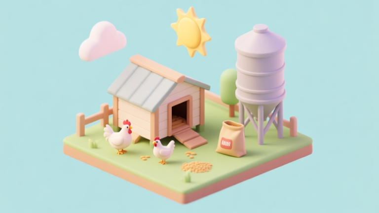 自动生成图片: Charming isometric 3D illustration of a beginner's chicken farm, showing a simple coop, a few chickens, a small feed bag, and a basic silo, under a bright sun. Soft pastel colors, cartoon style, clean and inviting. high quality illustration, detailed, 16:9