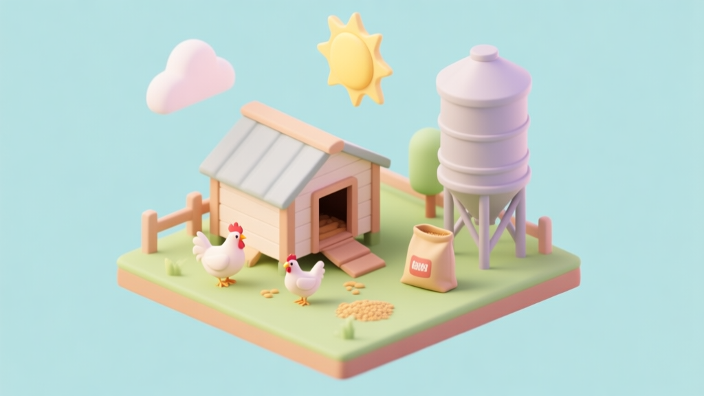 Charming isometric 3D illustration of a beginner's chicken farm, showing a simple coop, a few chickens, a small feed bag, and a basic silo, under a bright sun. Soft pastel colors, cartoon style, clean and inviting. high quality illustration, detailed, 16:9