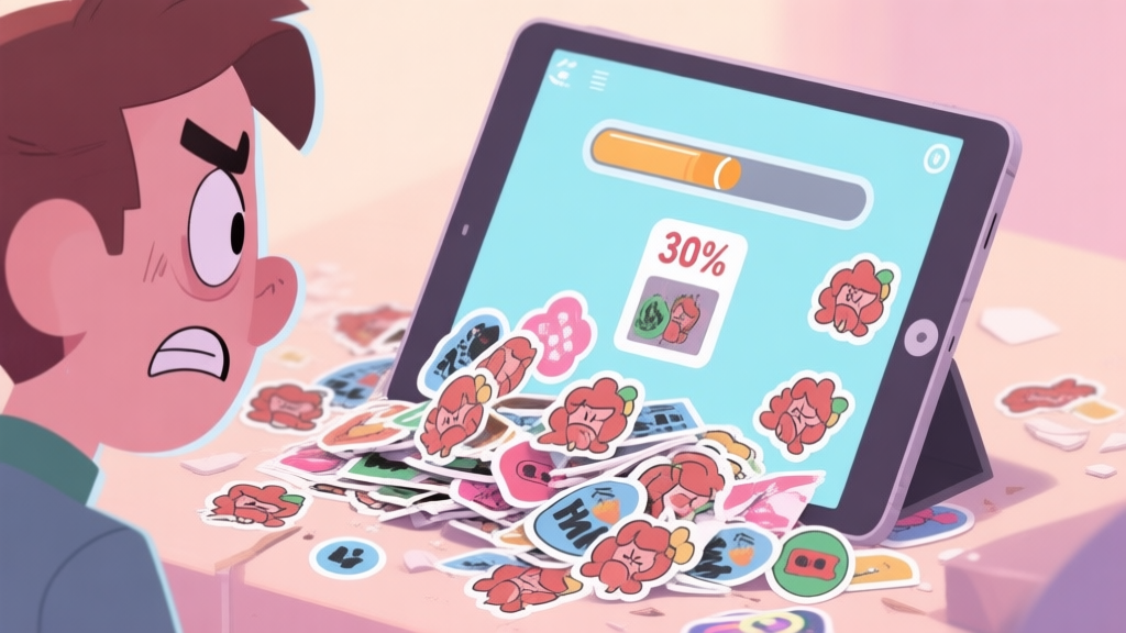 A frustrated game character looking at a messy, incomplete digital sticker album on a tablet screen, with duplicate stickers piling up and a progress bar stuck at 30%, soft pastel color palette high quality illustration, detailed, 16:9