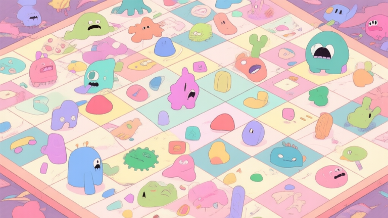 自动生成图片: A cluttered, chaotic game board filled with various mismatched colorful shapes and creatures, soft pastel color palette, feeling of confusion and gridlock high quality illustration, detailed, 16:9