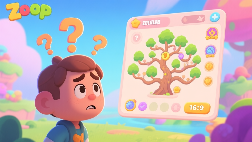 A confused new player character in a vibrant, colorful Zooplop world, looking at a complex skill tree UI with question marks floating above their head, soft pastel color scheme high quality illustration, detailed, 16:9