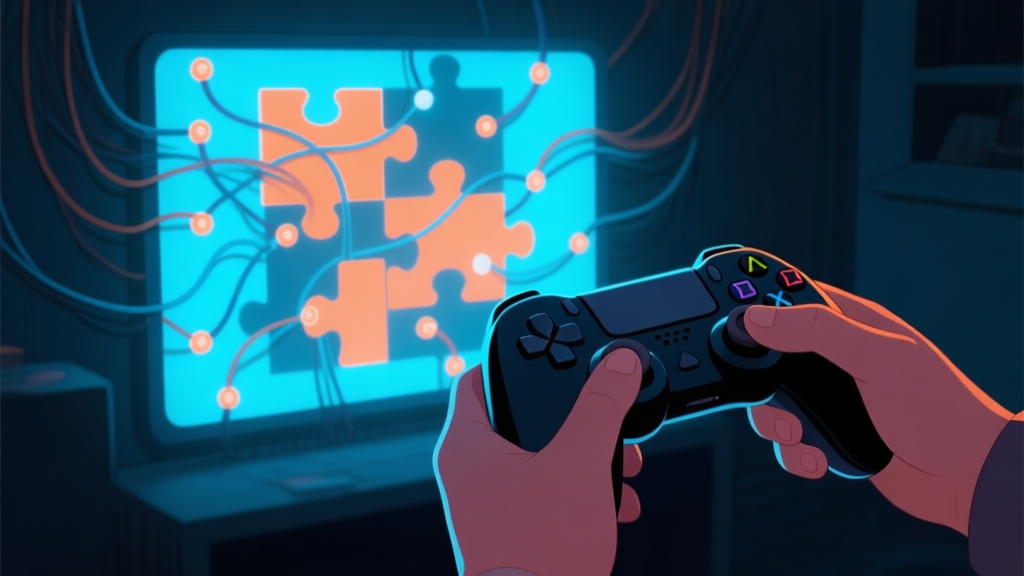 A close-up of a hand holding a game controller, facing a glowing in-game puzzle panel with tangled wires and connection nodes, in a dark room ambiance. Soft blue and orange glow from the screen high quality illustration, detailed, 16:9