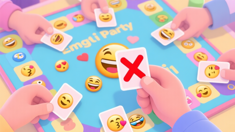 自动生成图片: A top-down view of a vibrant Emoji Party game board with multiple players' hands holding different emoji cards, one hand is highlighted with a red "X" mark, soft pastel color palette high quality illustration, detailed, 16:9