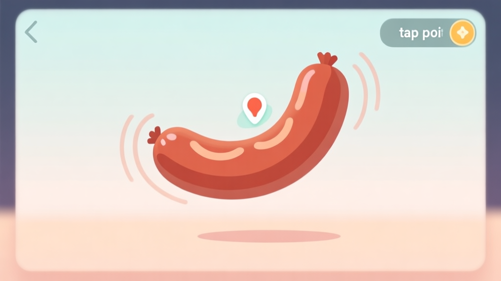 A minimalist game UI overlay showing a stylized sausage in mid-flip, with subtle motion lines and a highlighted "tap point" indicator, against a soft pastel background high quality illustration, detailed, 16:9