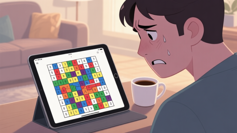 自动生成图片: A frustrated player looking at a complex, unsolved color-by-numbers puzzle grid on a tablet screen, with a cup of coffee nearby, in a cozy, softly lit room, muted color palette high quality illustration, detailed, 16:9